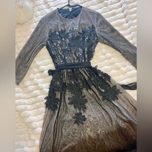 Black Long Sleeve Floral Appliqué Evening Dress